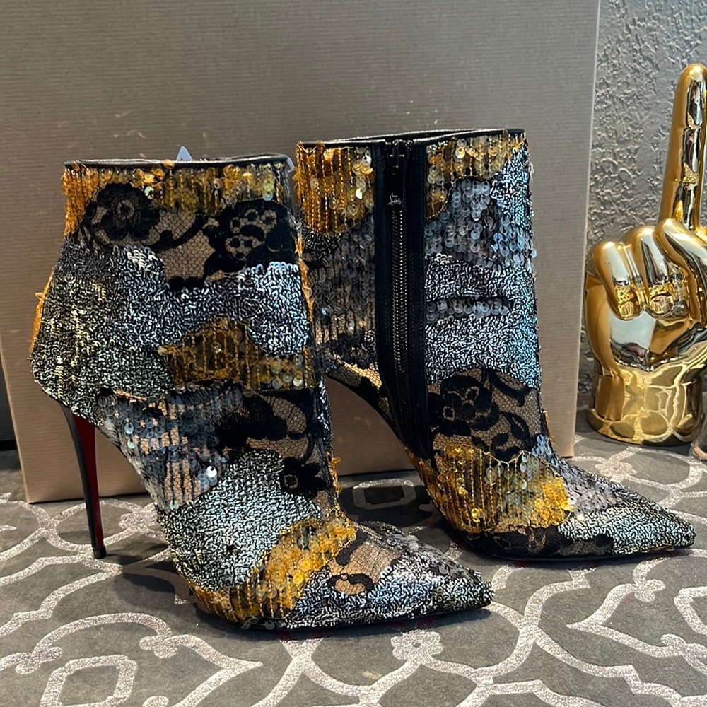 Louboutin GIPSY BOOTIE 100 RETE/PATCHYLACE/KID 38 sequin bootie stiletto 38